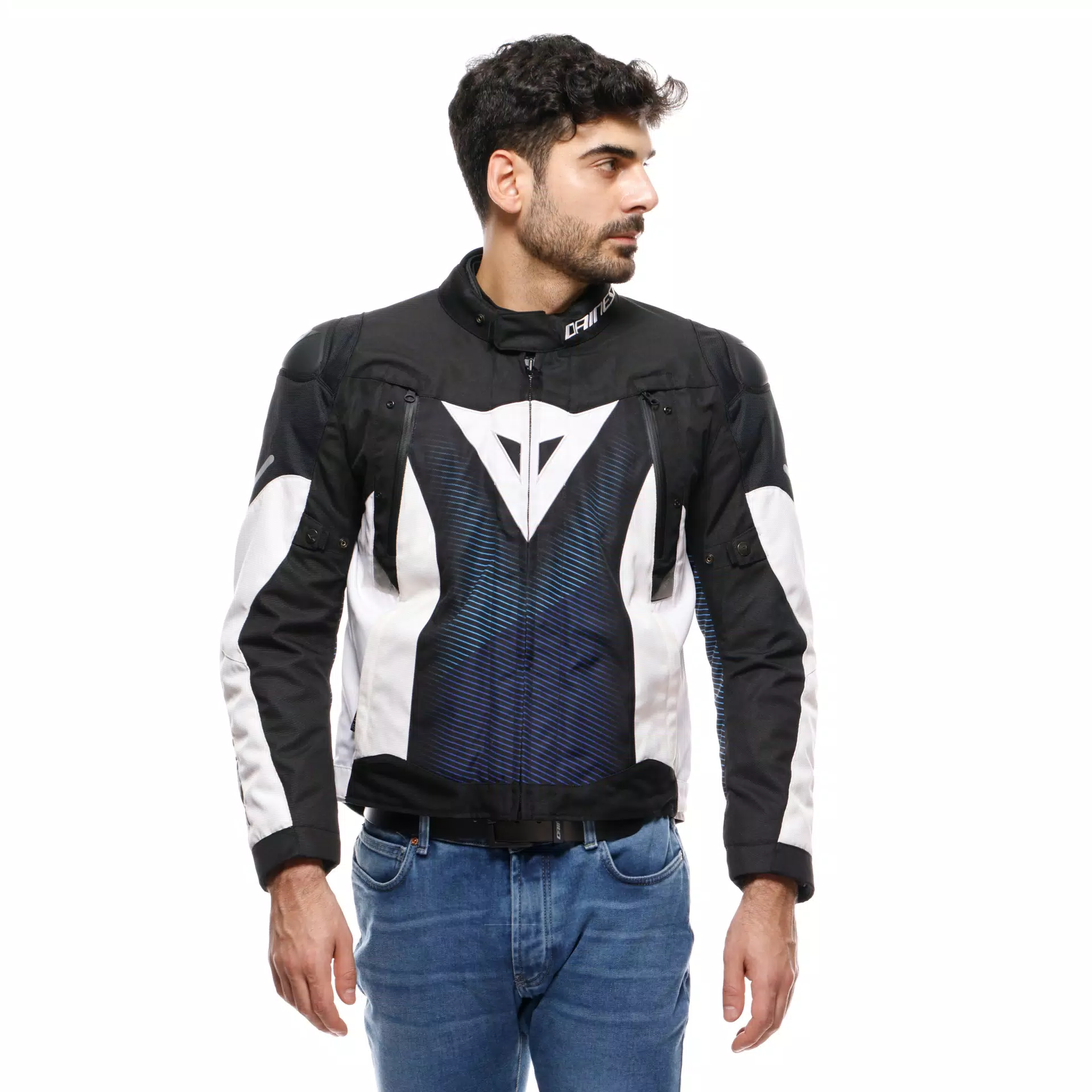 DAINESE GIACCA SUPER SPRINT - BLACK / BLUE / WHITE - NERO BLU BIANCO - GIACCA MOTO IMPERMEABILE SPORTIVA IN TESSUTO D-DRY